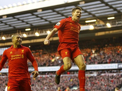 Steven Gerrard enjoys his winner for Liverpool in the 3-2 win over Tottenham.