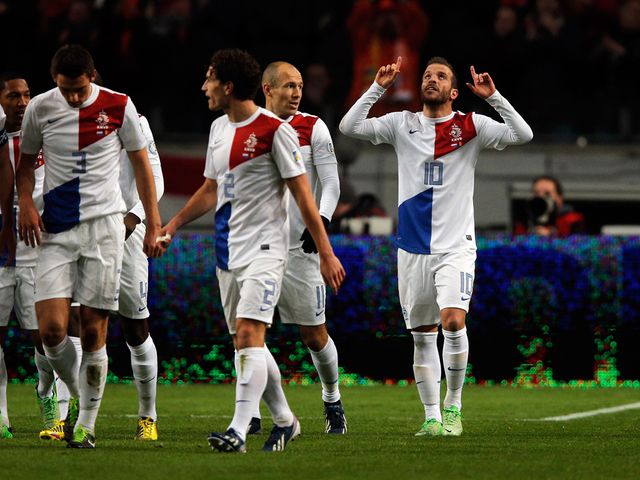 Holland celebrate Rafael Van der Vaart's goal