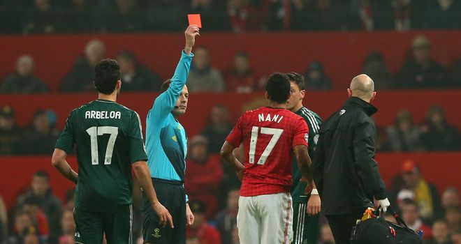 Nani is dismissed with Manchester United leading the tie on aggregate