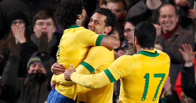 Fred: Celebrates goal for Brazil