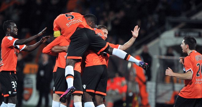 Lorient celebrate Wesley Lautoa's strike