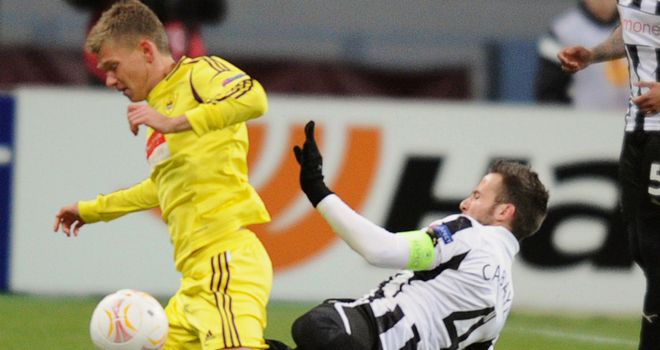 Yohan Cabaye: Tackles Oleg Shatov during the first half at the Luzhniki Stadium in Moscow