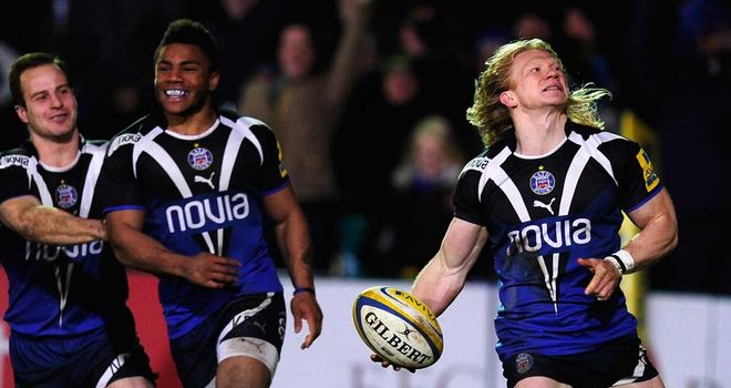Tom Biggs: Winger celebrates his try for Bath