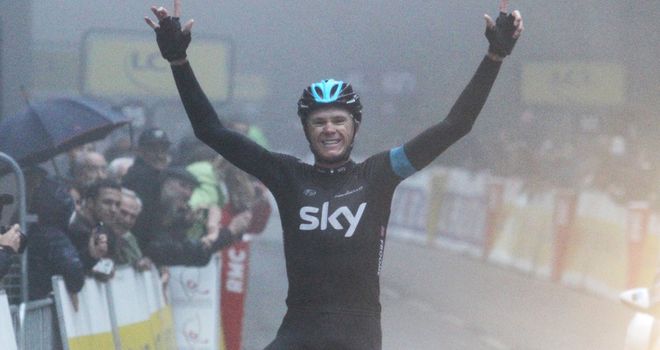 Chris Froome celebrates a memorable stage and race victory for Team Sky