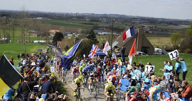 Fans out in force on one of the brutal cobbled climbs