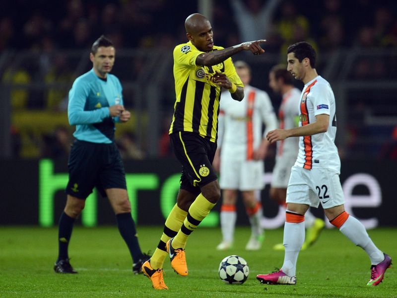 In tonight's other Champions League tie, Felipe Santana celebrates giving Dortmund the lead. They are two up at half-time against Shakhtar.