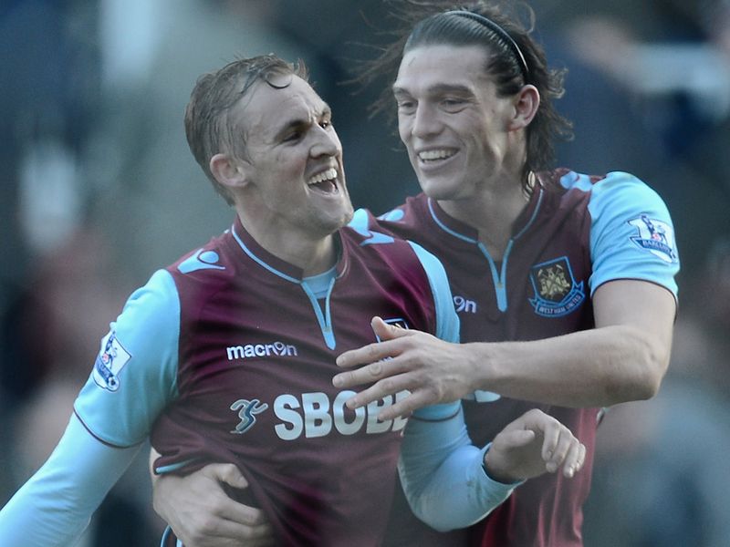 Jack Collison is congratulated by Andy Carroll after giving West Ham the lead at Stoke with what turns out to the the only goal