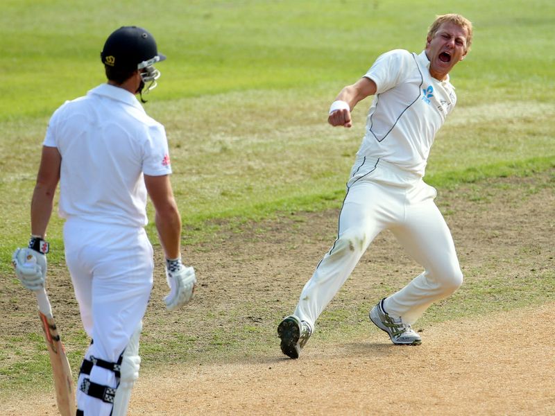Neil Wagner celebrates his LBW dismissal of Nick Compton for 117