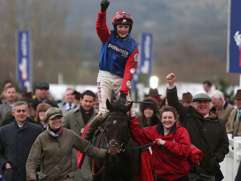 Harry Derham celebrates one on the board for his uncle, Paul Nicholls