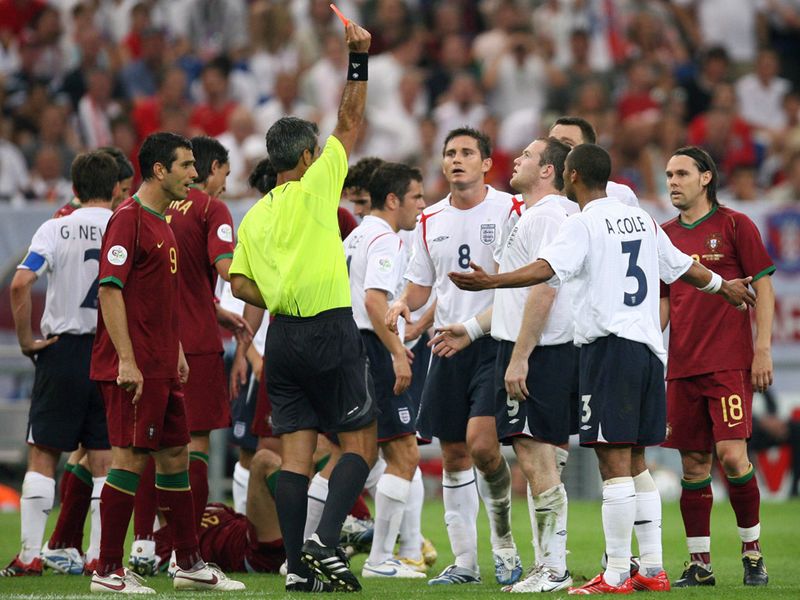 Rooney sees red in the World Cup 2006 quarter-final against Portugal after he stamps on Ricardo Carvalho's groin.