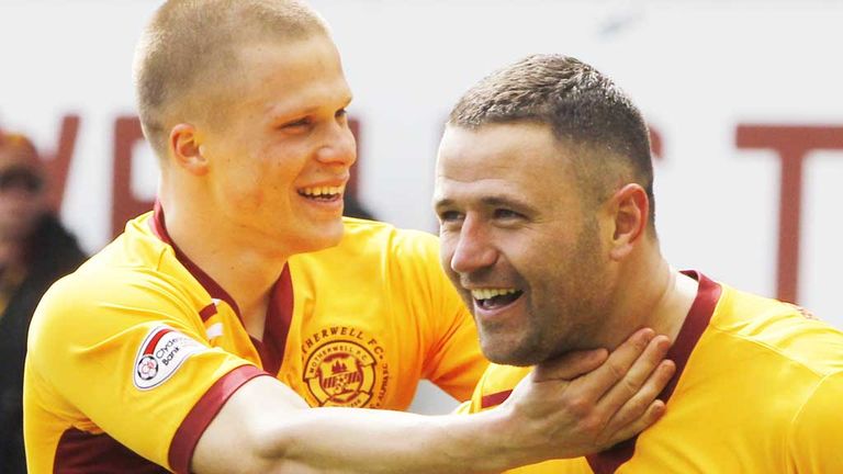 Henrik Ojamaa and Michael Higdon: Celebrate a goal in win over Celtic