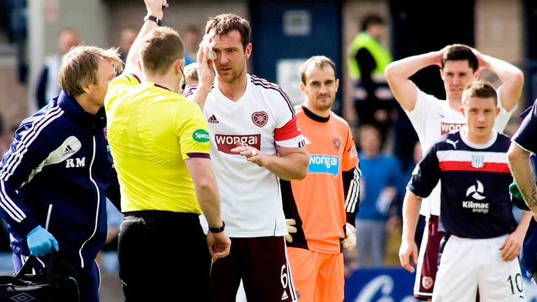 Hearts skipper Andy Webster is dismissed against Dundee