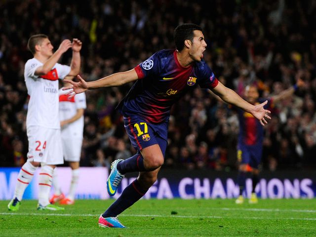 Pedro celebrates his equaliser for Barcelona