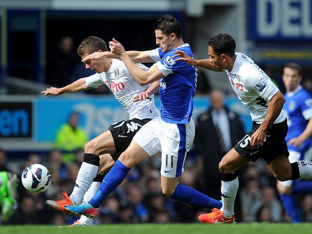 Kevin Mirallas battles for the ball with Fulham's Alex Kacaniklic