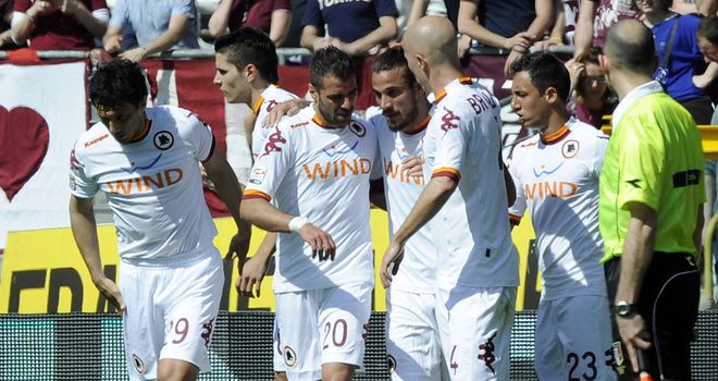 Pablo Daniel Osvaldo celebrates his goal for Roma