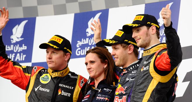Kimi Raikkonen and Romain Grosjean share the Bahrain Grand Prix podium with Sebastian Vettel