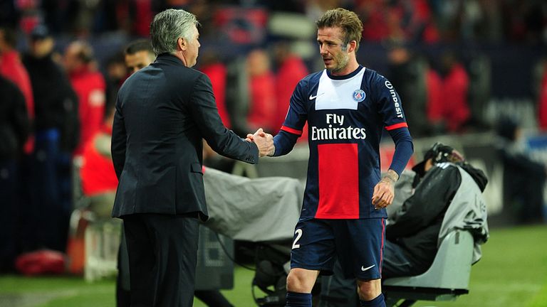 David Beckham shakes hands with Carlo Ancelotti after Paris farewell