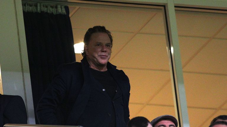Mickey Rourke: Looks on before the match between Crusaders and Salford at the Millennium Stadium in 2011