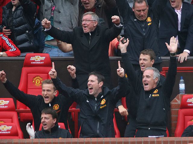Sir Alex Ferguson celebrates during his final home game in charge