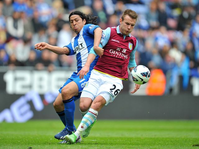 Andreas Weimann battles for the ball with Roger Espinoza