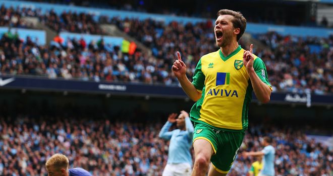 Jonny Howson celebrates the winning goal for Norwich against Manchester City