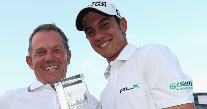 Matteo Manassero with caddie David McNeilly following Sunday's victory at Wentworth