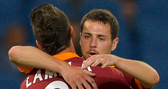 Mattia Destro: Celebrates his goal for Roma