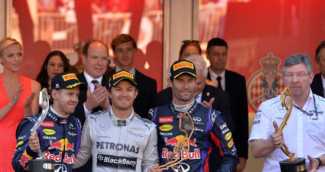 The Monaco GP podium (l to r): Vettel, Rosberg, Webber