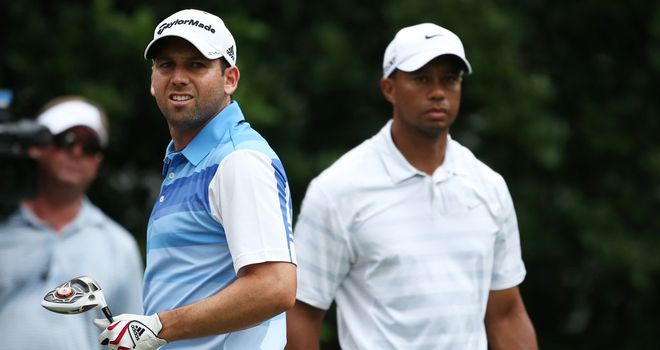 Sergio Garcia and Tiger Woods before their war of words at Sawgrass