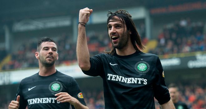 Georgios Samaras: celebrates his second goal in Celtic's 4-0 win over Dundee United