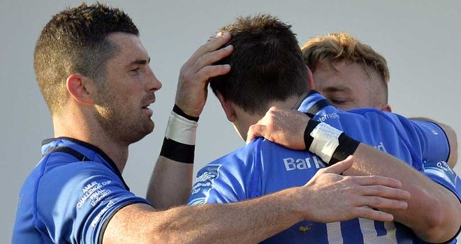 Leinster celebrate Ian Madigan's opening try in the final at the RDS