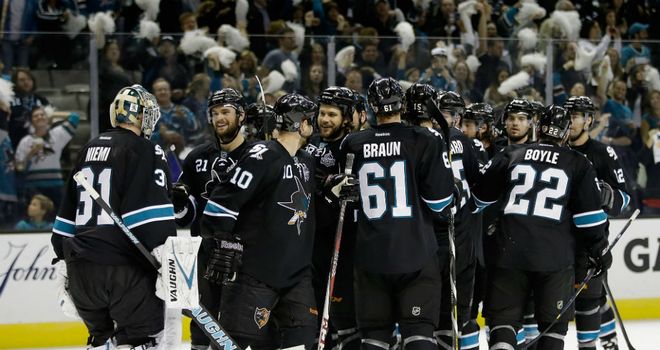 The San Jose Sharks celebrate after they beat the Los Angeles Kings