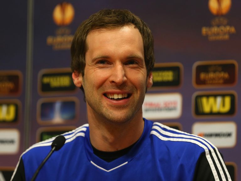 Petr Cech faces the press before the Europa League final.