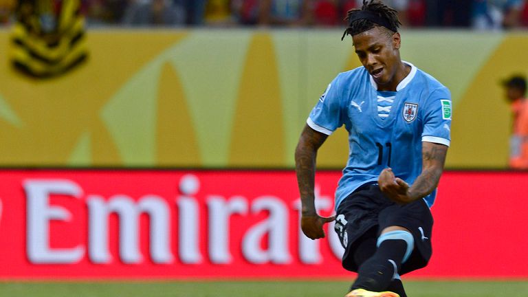 Abel Hernandez: In action for Uruguay at the Confederations Cup