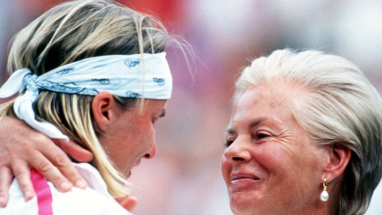 Jana Novotna gets a hug from the Duchess of Kent after defeat in the final