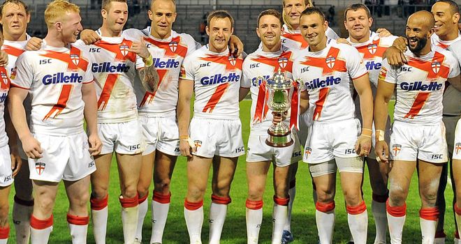 England: Celebrating their 30-10 win over the Exiles in Warrington
