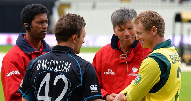 Brendon McCullum (second left) with stand-in Australia captain George Bailey