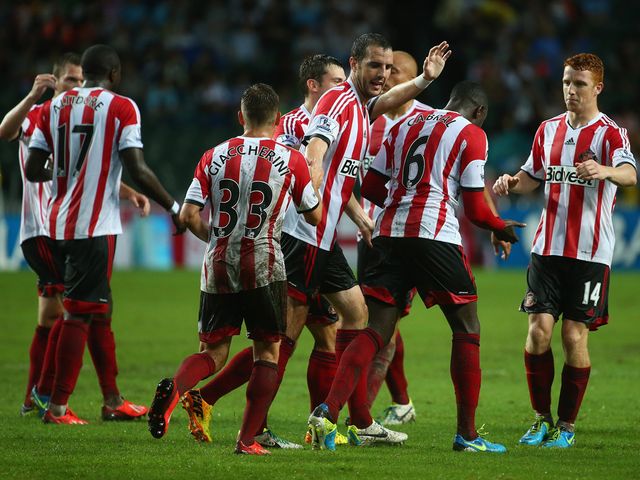 Sunderland celebrate on their way to victory over Spurs