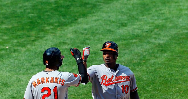 Adam Jones: Celebrates hitting a two-run home run in Sunday's 2-1 victory over the New York Yankees