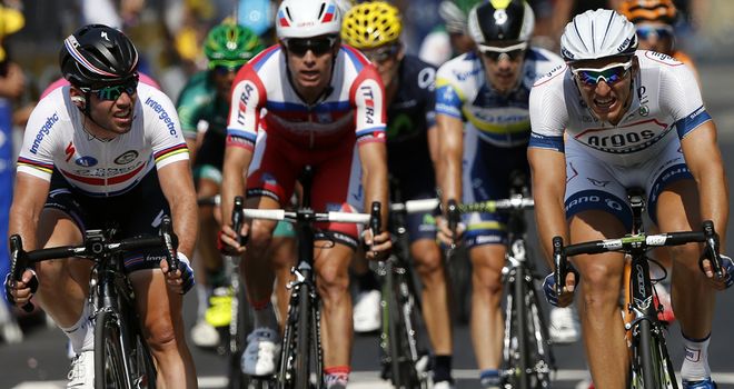 Mark Cavendish's reign as sprint king is being challenged by Marcel Kittel, right