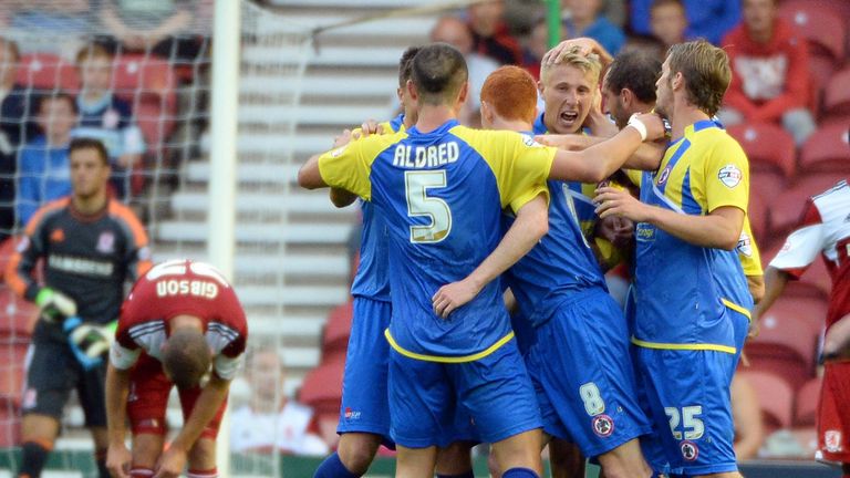 Accrington: Celebrate their opening goal at Middlesbrough
