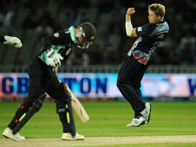 David Willey celebrates the wicket of Surrey's Jason Roy