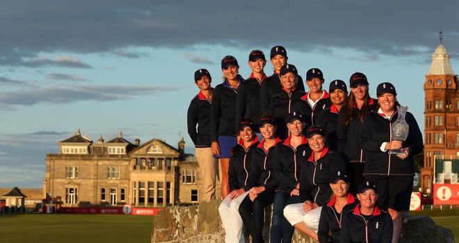 The 2013 US Solheim Cup team pose on the Swilcan Bridge at St Andrews following the announcement of the team