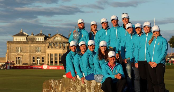The 2013 European Solheim Cup team on the Swilcan Bridge