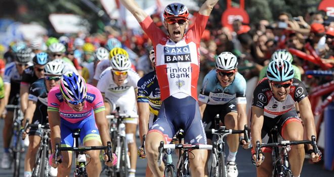 Michael Morkov, centre, denied Tony Martin, second right, at the death