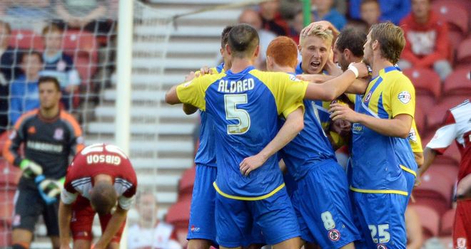 Accrington: Celebrate their opening goal at Middlesbrough