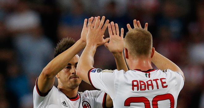 Milan goalscorer Stephan El Shaarawy and Ignazio Abate celebrate opener