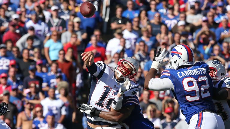 Tom Brady of the New England Patriots throws against the Buffalo Bills.