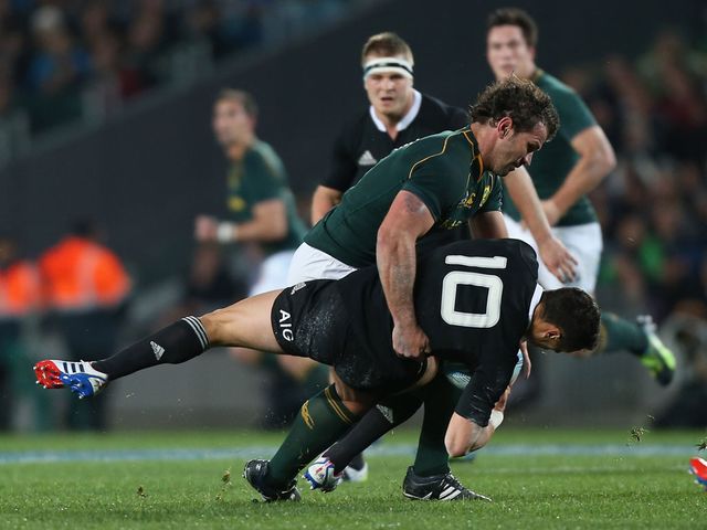 South Africa's Bismarck Du Plessis flattens Dan Carter