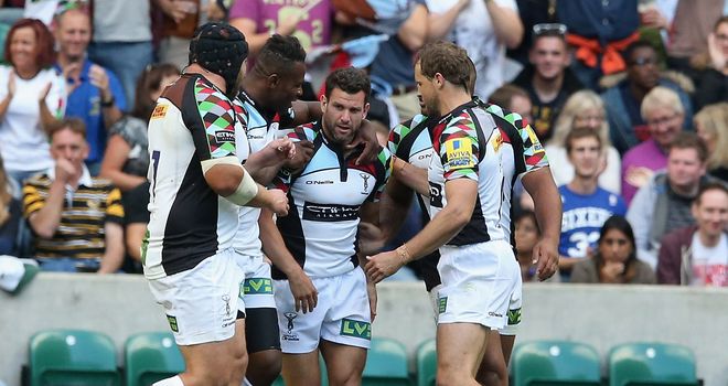 Karl Dickson (c) celebrates what turned out to be the match-winning try